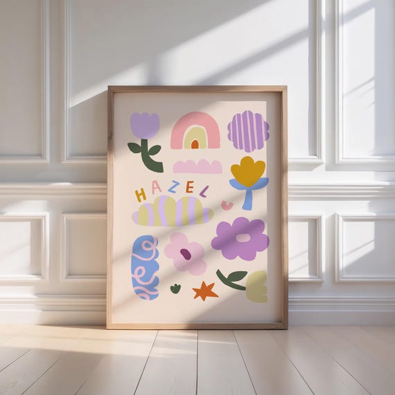Personalised Nursery Print – Flowers and Shapes, Custom Kids Name & Date Wall Art