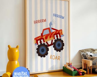 Monster Truck Nursery Art: Red Truck, Blue Stripe Print for kids (Digital Download)