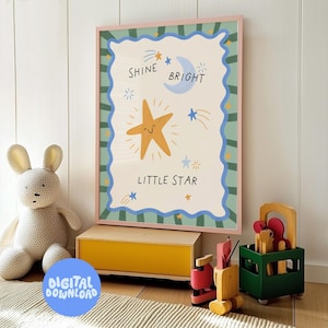 Twinkle Twinkle Star Nursery Wall Art - Shine Bright Little Star Digital Print, Nursery Decoration, Moon Painting, Instant Download