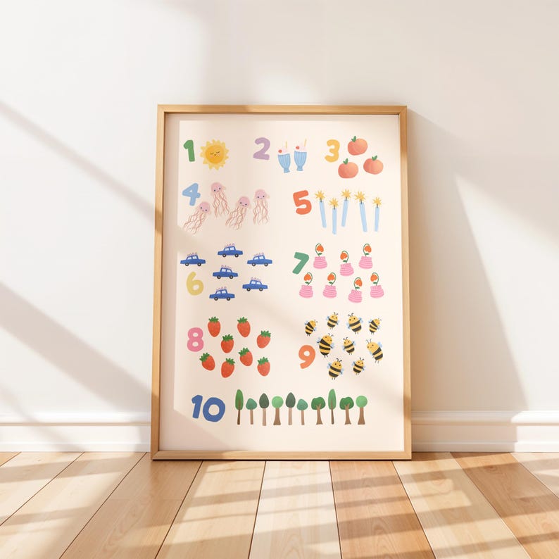 Puede incluir: Un estampado educativo enmarcado que presenta los n&uacute;meros del 1 al 10 con ilustraciones correspondientes. Las im&aacute;genes incluyen un sol, batidos, tomates, medusas, velas, coches, magdalenas, fresas, abejas y &aacute;rboles. El estampado est&aacute; en un marco de madera.