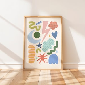 Shapes Artwork Nursery Decoration – Bright Abstract Digital Print, Moon & Stripes, Modern Wall Decor, Playroom, Educational Posters