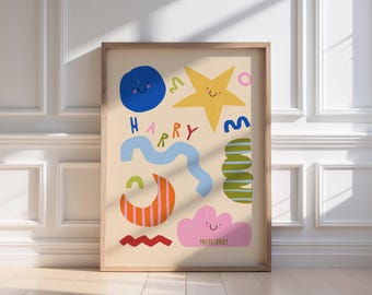 Puede incluir: Una impresión artística enmarcada con un diseño lúdico, que presenta la palabra "HAPPY" y varias formas coloridas. Incluyen un círculo azul, una estrella amarilla y una nube rosa. La fecha "10/11/2021" está impresa en la parte inferior. La obra de arte se encuentra sobre un fondo beige claro.