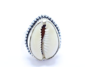 Sterling Silver Cowrie Shell Ring: Handmade Boho Statement Jewelry