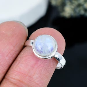 Round Rainbow Moonstone Ring in Sterling Silver | Handmade June Birthstone Ring | Minimalist Boho Moonstone Jewelry | Gift for Her