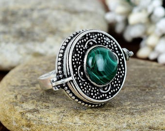 Sterling Silver Malachite Poison Ring – Vintage Locket, Boho Jewelry