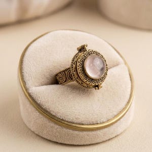 Rose Quartz Locket Ring, Antique Brass Filigree Boho Statement, Secret Compartment Jewelry