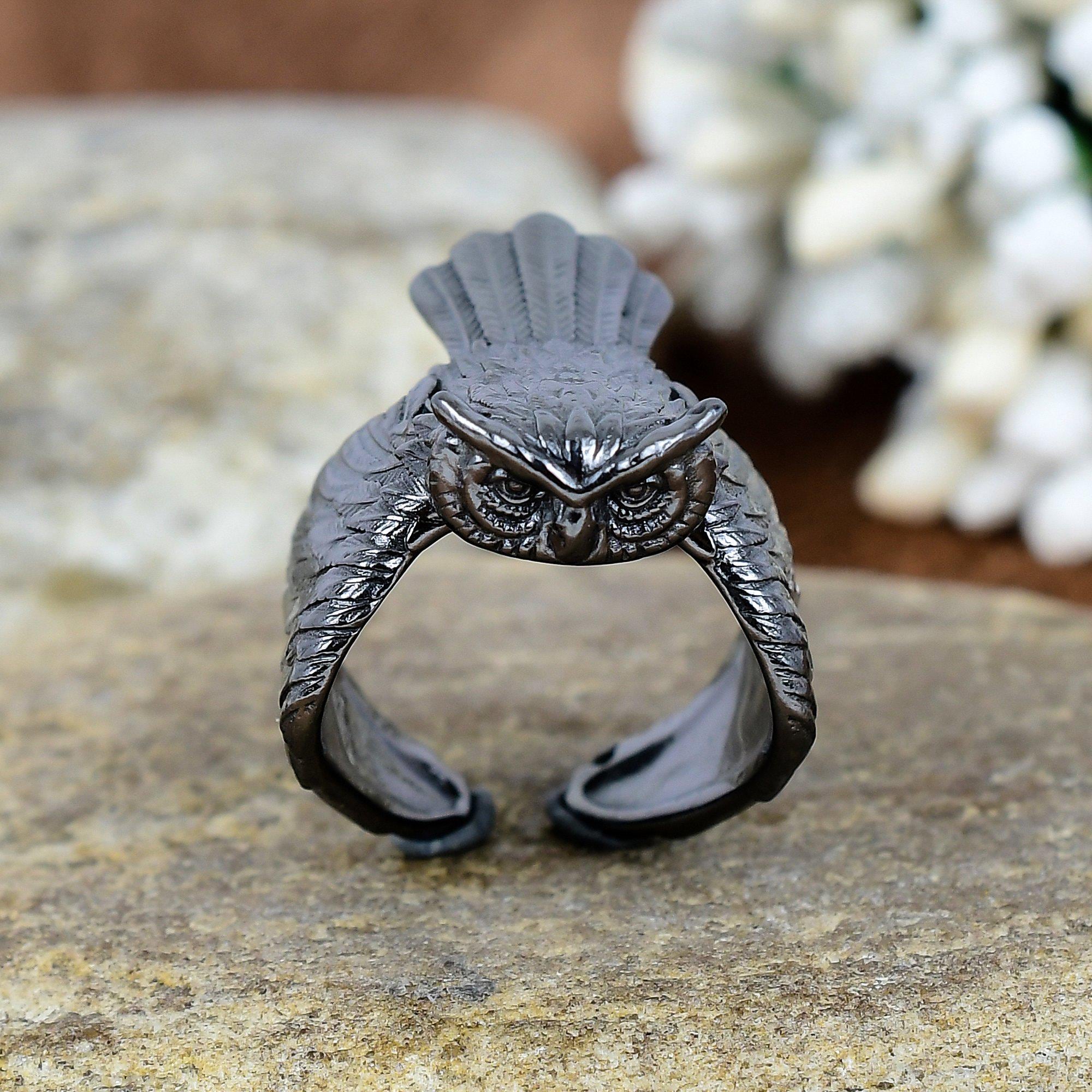 Oxidized Sterling Silver Owl Ring - Adjustable Bird Jewelry