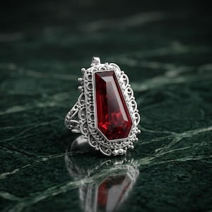 Può includere: Un anello d'argento con un design a filigrana ornato. L'anello presenta una grande gemma rosso scuro, rettangolare e sfaccettata. La gemma è incastonata in una cornice decorativa. L'anello è esposto su una superficie verde scuro.
