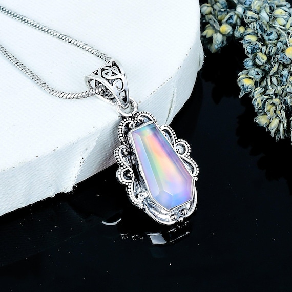 Aurora Opal Coffin Pendant: 925 Sterling Silver Handmade Jewelry
