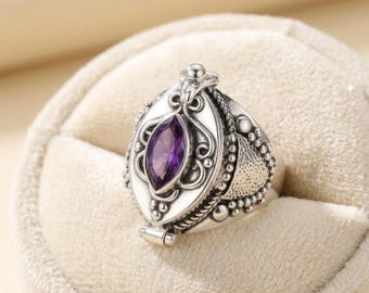 Amethyst Poison Ring, Sterling Silver Marquise Ring, Hidden Compartment Ring, Secret Box Ring