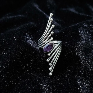 Sterling Silver Amethyst Statement Ring, Celestial Wing Boho Jewelry (10x20 mm)