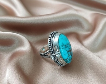 Handcrafted Sterling Silver Oval Turquoise Locket Ring – Vintage Beaded Boho Jewelry Mothers Day Gift