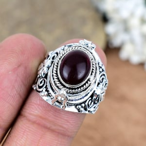 Locket Ring With Dark Garnet Ring, 925 Sterling Silver Oxidized, Compartment Box Ring For Anniversary Gift For Her, Mother&#39;s Day Gifts