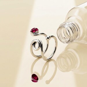 Sterling Silver Spiral Ring with Garnet: Minimalist Swirl Band, Dainty Stacking Jewelry
