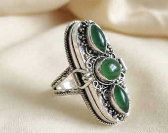 925 Sterling Silver Green Onyx Poison Ring  Handmade Boho Locket Ring Secret Compartment Jewelry - Vintage Style Emerald Ring for Women