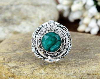 Emerald Locket Ring | Sterling Silver Secret Compartment, Boho Poison Ring