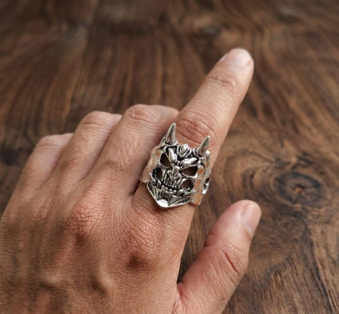 Sterling Silver Devil Skull Ring, Gothic Punk Biker Statement Jewelry ...