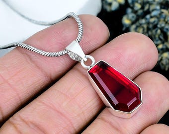 Red Garnet Coffin Pendant: 925 Sterling Silver Gothic Necklace