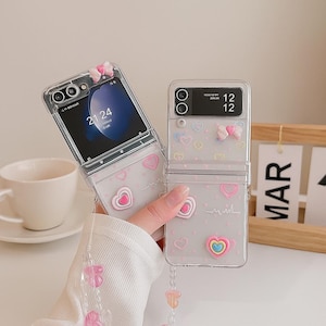Funda para teléfono con láser 3D Love Heart, tarjetero y pulsera – Funda rígida para Samsung Z Flip 6/5/4/3