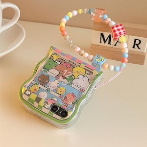Joli étui coréen à fleurs en treillis avec bracelet pour Samsung Z Flip 6 / 5 / 4 / 3 - Housse de protection à bordure ondulée