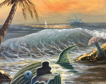 Digitale print Shores of Limbo #3 – surrealistisch kustlandschap muurkunst – dromerige digitale download – grillig oceaanmonsterkunstwerk