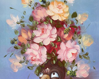Impresión digital de charlatanería floral - Arte mural de pájaros caprichosos - Impresión digital de ramo de flores botánicas - Arte imprimible surrealista de patos