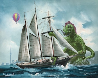 Impresión digital Shores of Limbo n.° 14: Arte mural surrealista con paisaje costero. Descarga digital costera de ensueño. Obra de arte de fantasía con monstruos oceánicos.