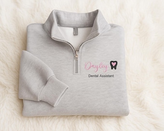 Sudadera con cremallera de un cuarto personalizada para asistente dental, sudadera con cuello y nombre bordado, chaqueta dental con cremallera, sudadera para higienista dental