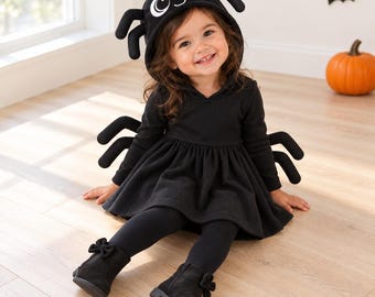 Girls Spider Halloween Costume Dress, Kids Halloween Dress Up, Toddler Hooded Spider Outfit, Cute Spooky Party Gift, Trick or Treat Costume