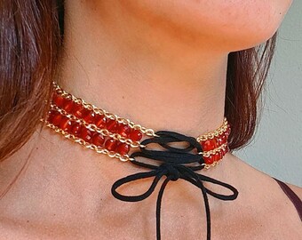 Gargantilla estilo corsé vintage moderno, gargantilla de cristal de inspiración victoriana, collar romántico con cordones, joyería neonostalgia.