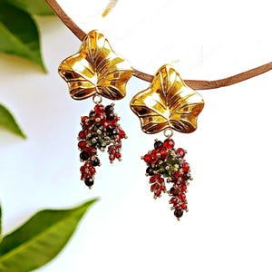 Gold Leaf Garnet Crystal Earrings – Botanical Statement Dangle Earrings, Handmade Nature Inspired Jewelry, Enchanted Midsummervine