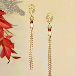 Golden Baroque Tassel Earrings – Labradorite, Brown Garnet & Baroque Pearl | Vintage Rococo Jewelry | Elegant Handmade Gift