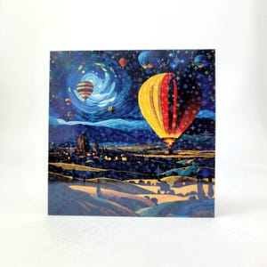 Starry Night Cappadocia Hot Air Balloons in Turkey Fridge Magnet with a reflective Rainbow Star finished laminate