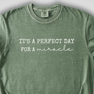 May include: Olive green t-shirt with the text "IT'S A PERFECT DAY for a miracle" in white. The shirt has a crew neck and short sleeves, with the sleeves rolled up. The fabric appears soft and slightly faded.