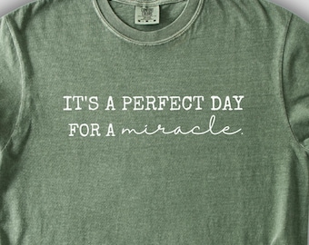 May include: Olive green t-shirt with the text "IT'S A PERFECT DAY for a miracle" in white. The shirt has a crew neck and short sleeves, with the sleeves rolled up. The fabric appears soft and slightly faded.