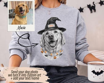 May include: A heather gray sweatshirt featuring a graphic of a golden retriever wearing a black witch hat with the name Macie on the brim and a string of pumpkin lights around its neck, plus a small inset photo of the dog named Macie.