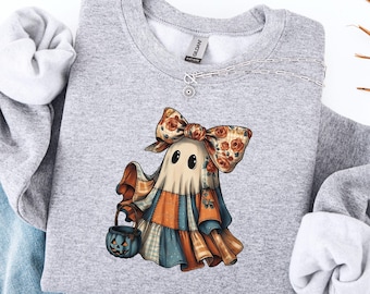 Retro Patchwork Halloween Ghost Sweatshirt, Cozy Rustic Fall Sweater, Vintage Quilt Ghost Print Hoodie