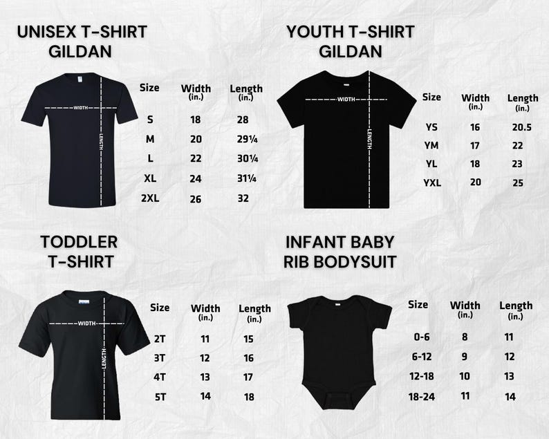K&ouml;nnte beinhalten: Schwarze T-Shirts und ein Baby-Body mit Gr&ouml;&szlig;entabellen f&uuml;r Unisex-, Jugend-, Kleinkind- und Babygr&ouml;&szlig;en. Die Ma&szlig;e sind in Zoll. Das Bild enth&auml;lt den Text "UNISEX T-SHIRT GILDAN", "YOUTH T-SHIRT GILDAN", "TODDLER T-SHIRT" und "INFANT BABY RIB BODYSUIT".