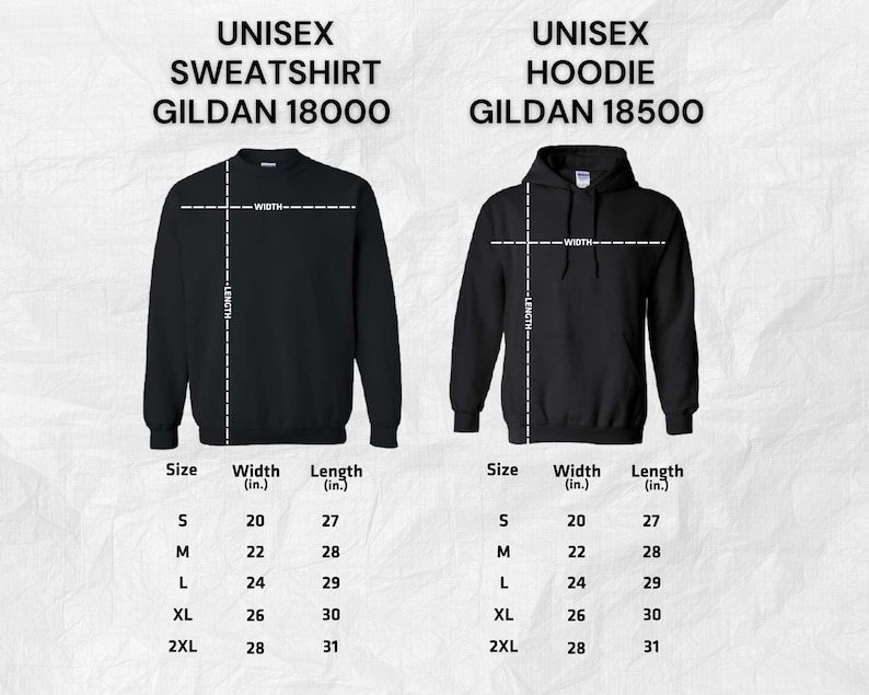 May include: Black unisex sweatshirt and hoodie product image. The sweatshirt is Gildan 18000, and the hoodie is Gildan 18500. Size chart shows width and length measurements in inches for sizes S to 2XL.