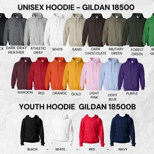 May include: A variety of Gildan 18500 unisex and youth hoodies in various colors, including black, white, gray, red, and navy. The image displays the different color options available for purchase.