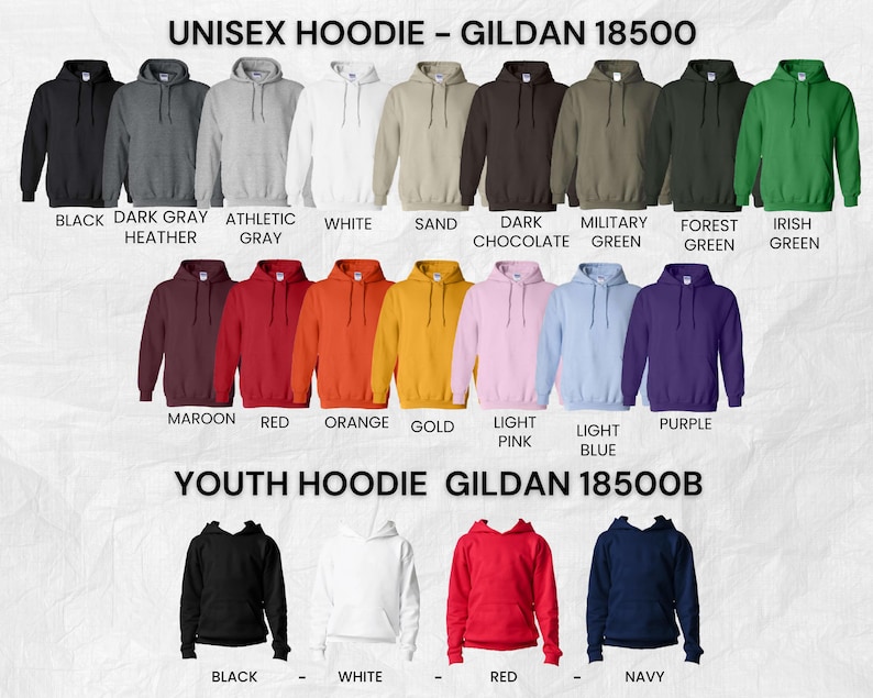 May include: A variety of Gildan 18500 unisex and youth hoodies in various colors, including black, white, gray, red, and navy. The image displays the different color options available for purchase.