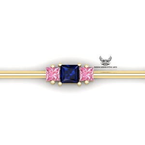 14k Yellow Gold Industrial Barbell Piercing: Blue & Pink Sapphire