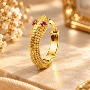 Gold Snake Design Nose Ring with Ruby Red Gemstone | Luxury Designer Nose Jewelry