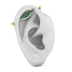 14k Gold Emerald Industrial Barbell Piercing: Lab Grown Diamond Scaffold Earring