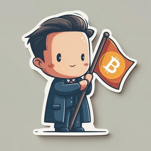 Könnte beinhalten: Ein Cartoon-Aufkleber einer Person im Anzug, die eine Flagge mit einem Bitcoin-Symbol hält. Die Flagge ist orange mit einem weißen Bitcoin-Logo. Die Person hat dunkles Haar und lächelt. Der Aufkleber befindet sich auf grauem Hintergrund.
