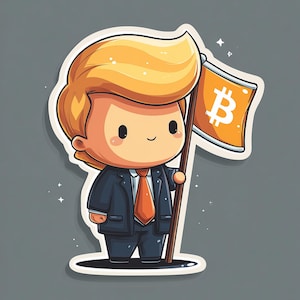 Könnte beinhalten: Ein Cartoon-Aufkleber einer Person im Anzug, die eine Flagge mit einem Bitcoin-Symbol hält. Die Person hat orangefarbenes Haar und eine passende Krawatte. Die Flagge ist orange mit einem weißen Bitcoin-Symbol. Der Hintergrund ist grau.