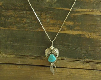Native American Turquoise Pendant, Sterling on 18" Sterling Box Chain, 10.6 Grams, Signed WD