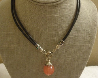 Cherry Quartz Pendant Necklace, Sterling, 2-Strand Black Leather Cord  with Front Toggle Clasp, 16" Length