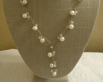 Pearl and Crystal Y Necklace, Sterling Silver Cha Cha,  18-19" Long