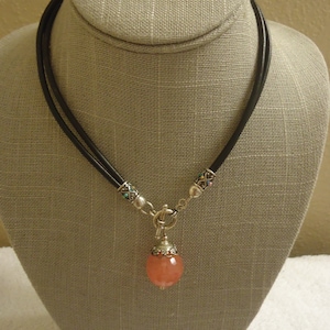 Cherry Quartz Pendant Necklace, Sterling, 2-Strand Black Leather Cord  with Front Toggle Clasp, 16&quot; Length